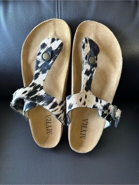 Myra Bag Black and White Cowhide Thong Sandals